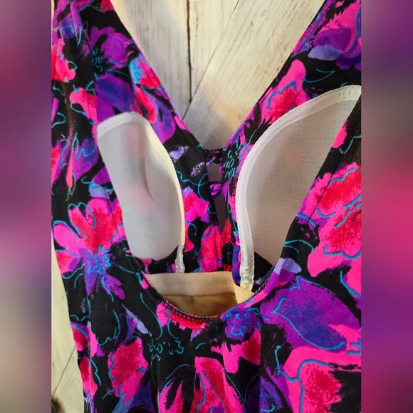 Maxine of Hollywood Black One-Piece with Pink & Purple Floral Print - Picture 3 of 8